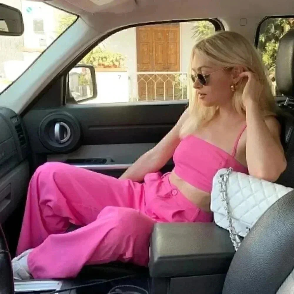 Pink Casual womens Solid Crop Cami Top & Wide Leg Pants